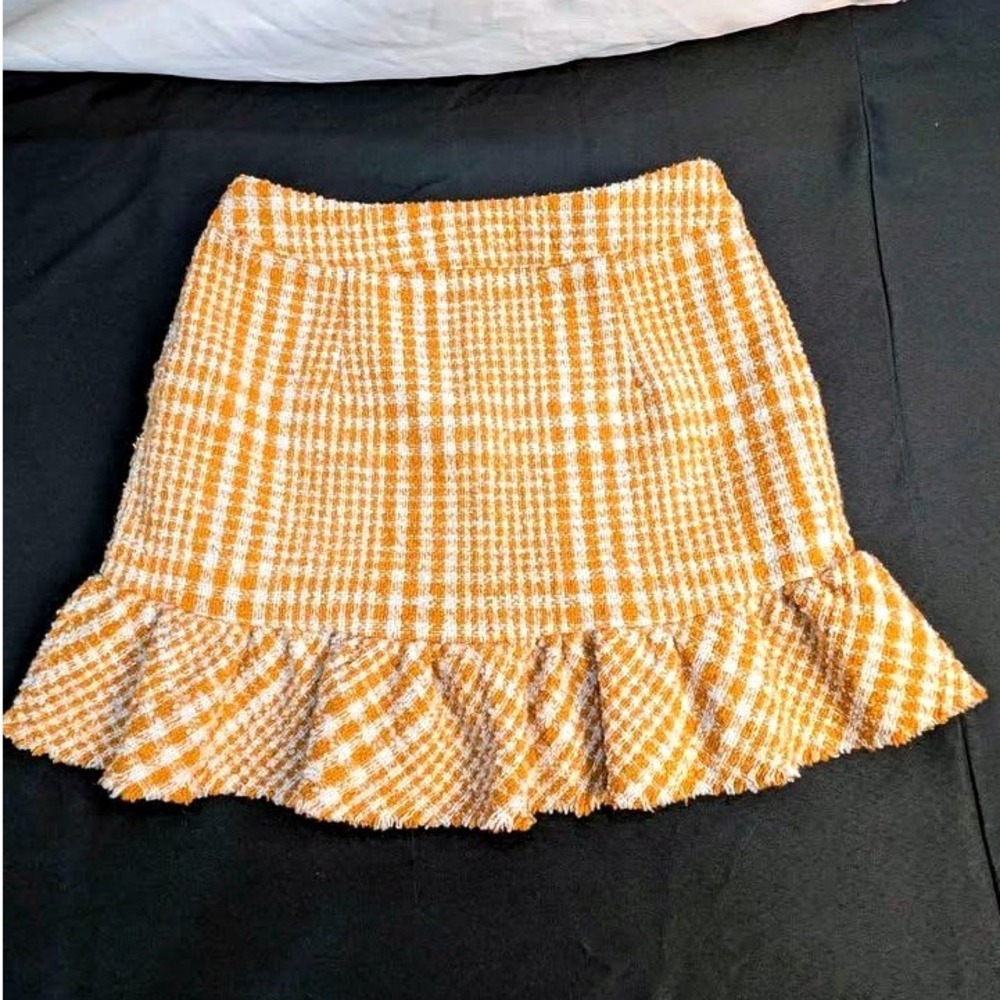 Naked Zebra Orange ~ White Plaid Tweed Ruffle Mini Skirt OS114324 Women's Small - Picture 2 of 10